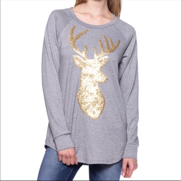 SwankStyles Tops - 🚨SALE🚨Gray Gold Glitter Deer Head Top